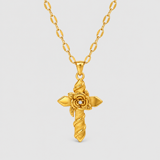 Collana con Croce e Rosa in Rilievo (Placcata in Oro)