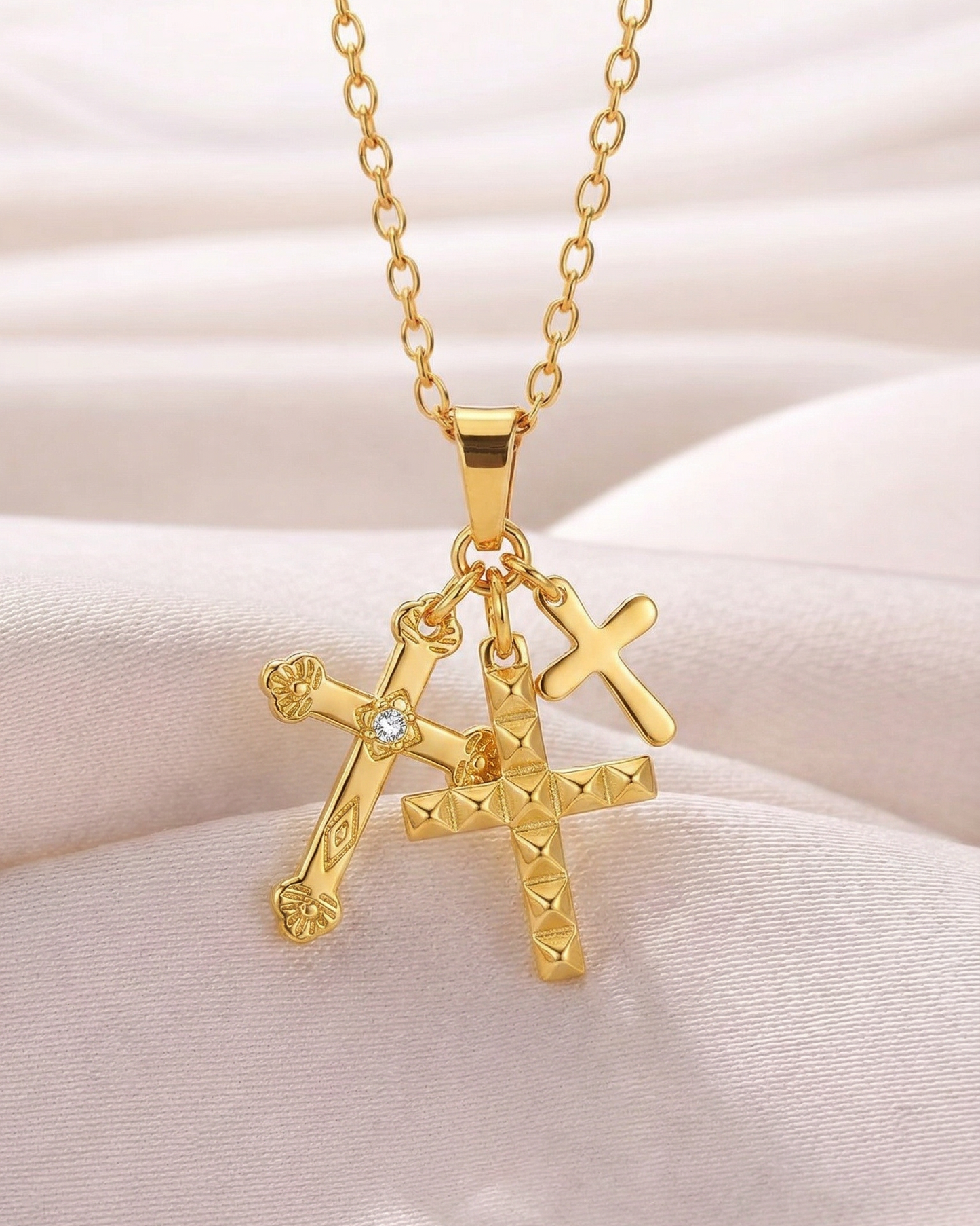 Collana con Tre Ciondoli a Forma di Croce (Placcata in Oro)