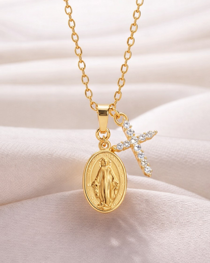 Collana con medaglia miracolosa e croce tempestata (Placcata in Oro 18)