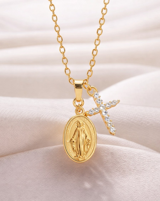 Collana con medaglia miracolosa e croce tempestata (Placcata in Oro 18)