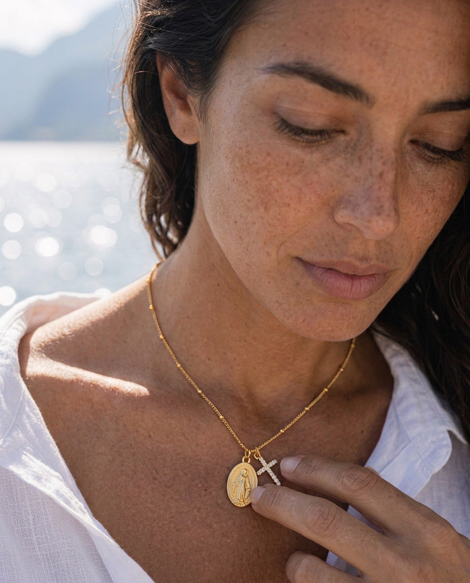 Collana con medaglia miracolosa e croce tempestata (Placcata in Oro 18)
