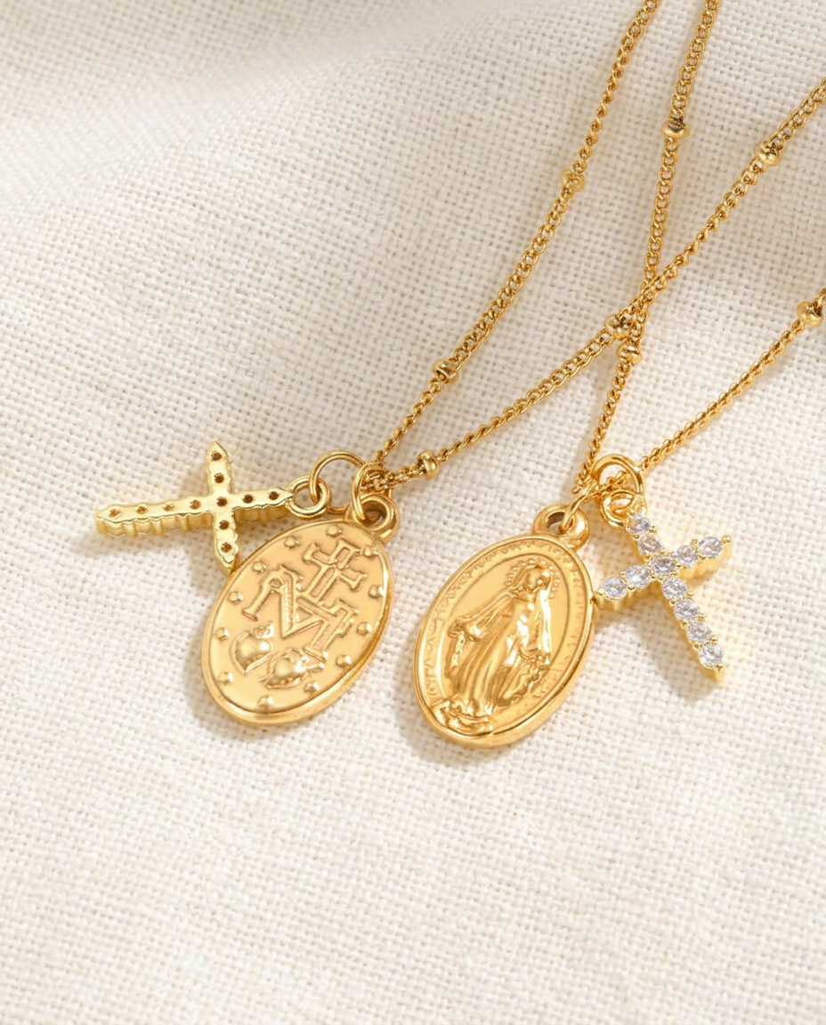 Collana con medaglia miracolosa e croce tempestata (Placcata in Oro 18)