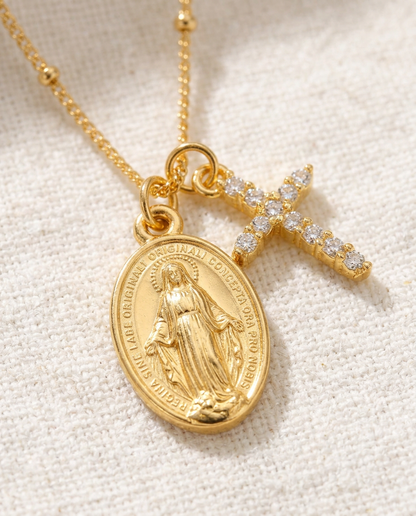 Collana con medaglia miracolosa e croce tempestata (Placcata in Oro 18)
