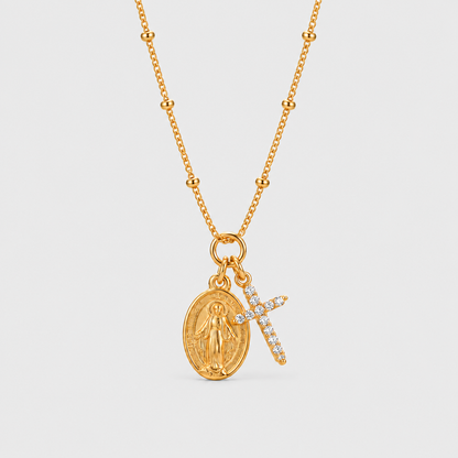 Collana con medaglia miracolosa e croce tempestata (Placcata in Oro 18)