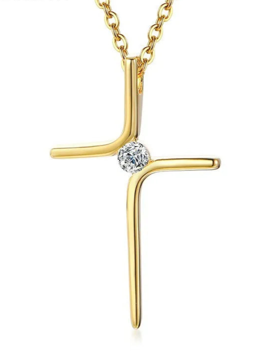 Collana minimalista con croce e zirconia centrale (placcata in oro 18 carati)