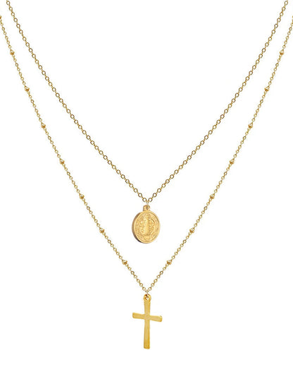 Collana Doppia con Medaglia Della Vergine Maria e Croce (Placcata in Oro)