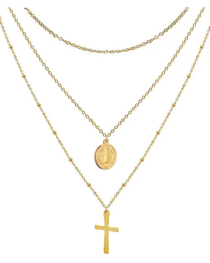 Collana Doppia con Medaglia Della Vergine Maria e Croce (Placcata in Oro)