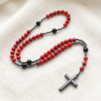 Rosario Grani in Granato Rosso e Agata Nera Crocifisso in Ematite