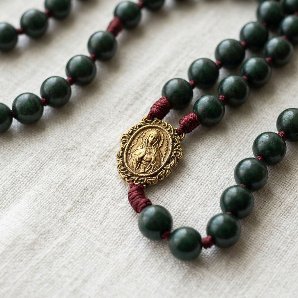 Rosario Grani in Pietra Verde Smeraldo Madonna Crocifisso in Bronzo Anticato