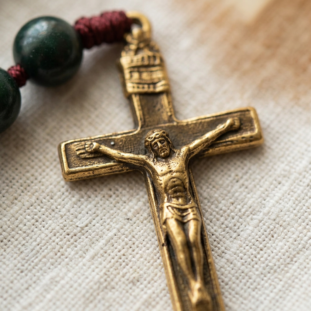 Rosario Grani in Pietra Verde Smeraldo Madonna Crocifisso in Bronzo Anticato