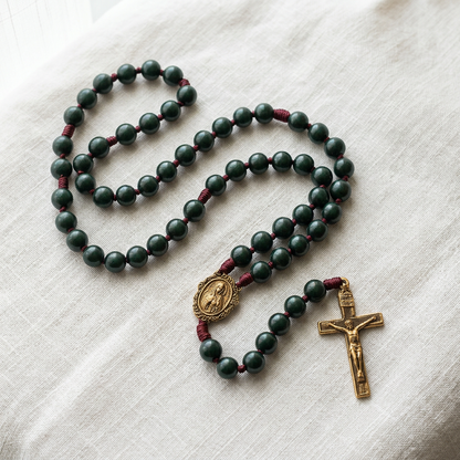 Rosario Grani in Pietra Verde Smeraldo Madonna Crocifisso in Bronzo Anticato