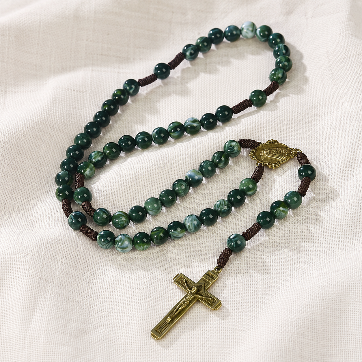 Rosario Verde Smeraldo Madonna Crocifisso in Bronzo Anticato