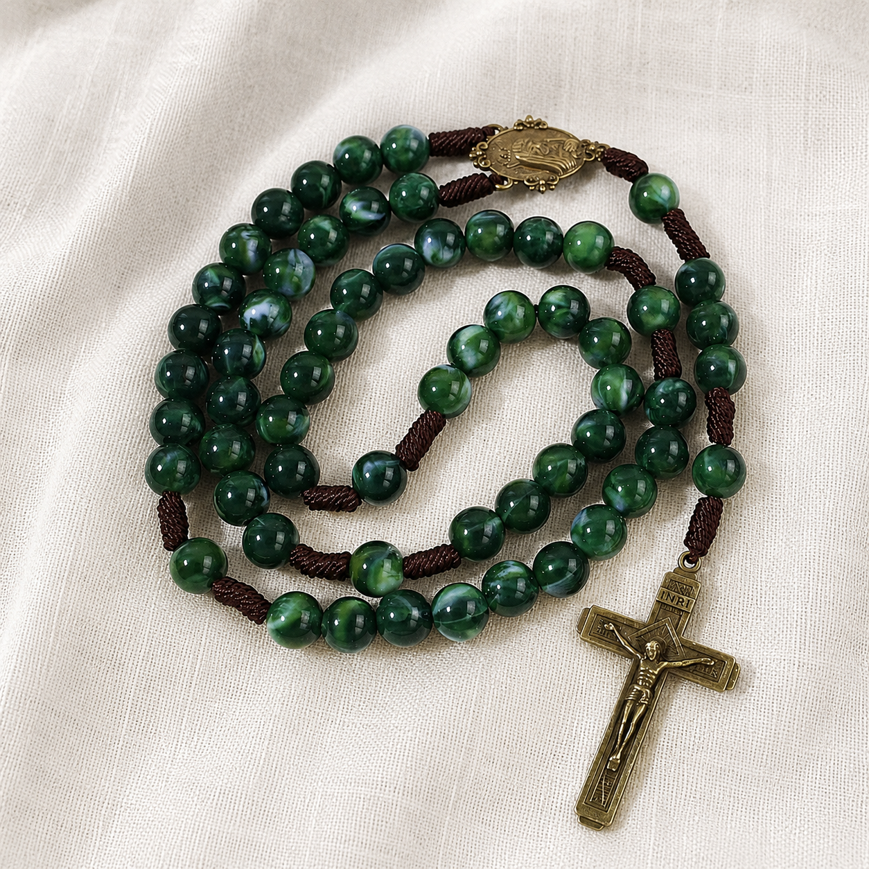 Rosario Verde Smeraldo Madonna Crocifisso in Bronzo Anticato