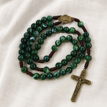 Rosario Verde Smeraldo Madonna Crocifisso in Bronzo Anticato
