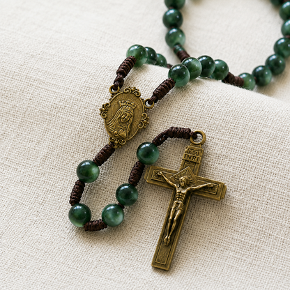 Rosario Verde Smeraldo Madonna Crocifisso in Bronzo Anticato