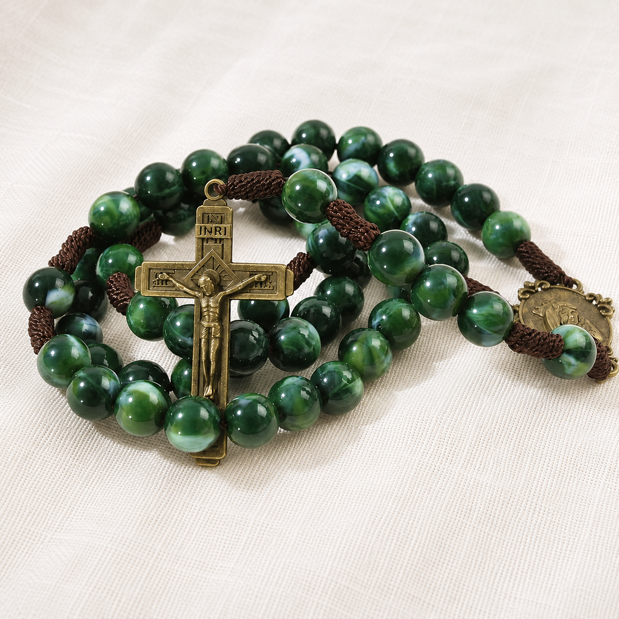 Rosario Verde Smeraldo Madonna Crocifisso in Bronzo Anticato