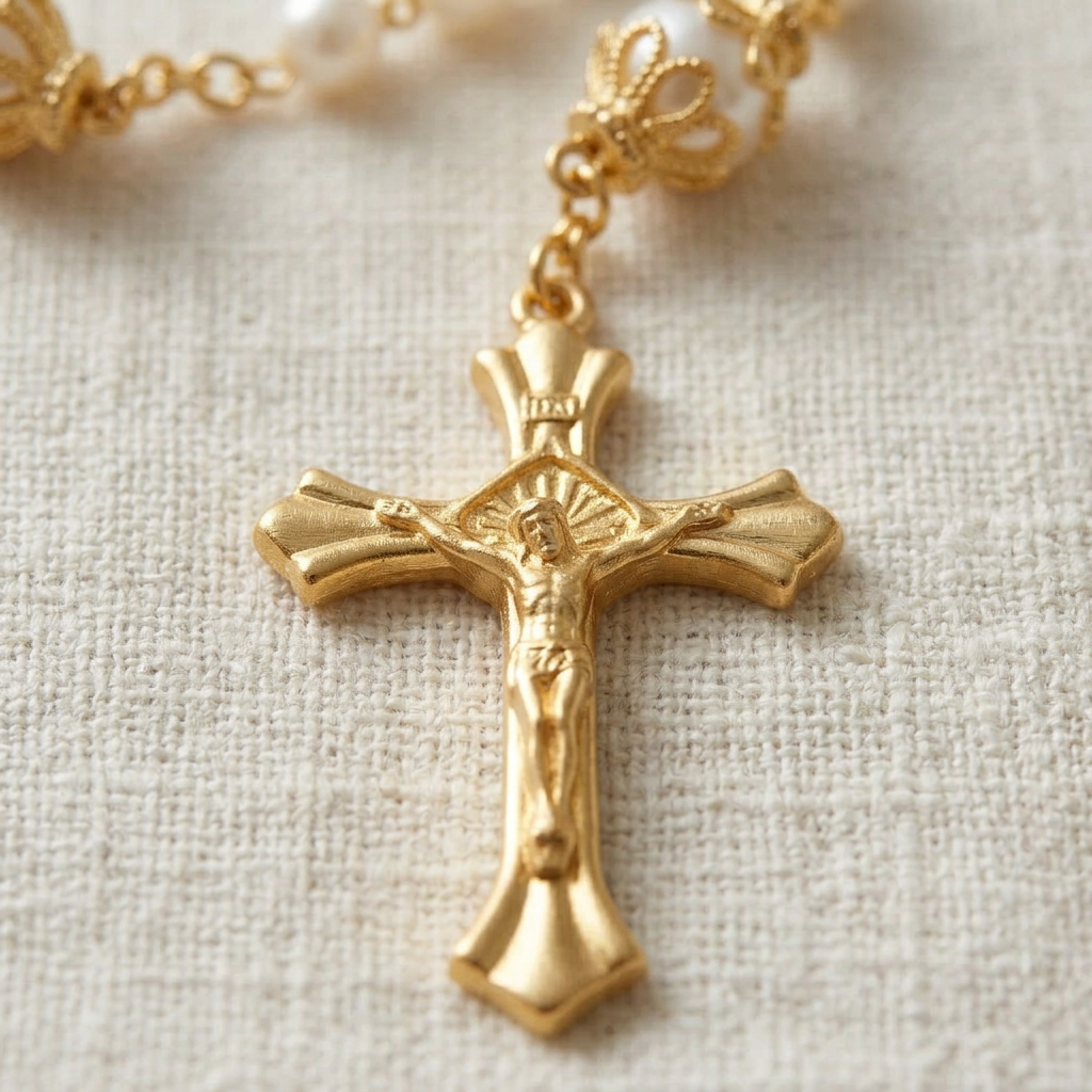 Rosario dorato con perle sintetiche e crocifisso (placcato in oro 18 carati)