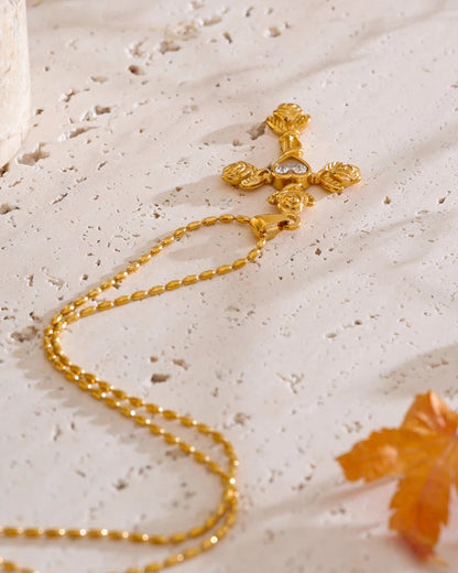 Collana con Croce Rose e Cuore (Placcata in Oro)