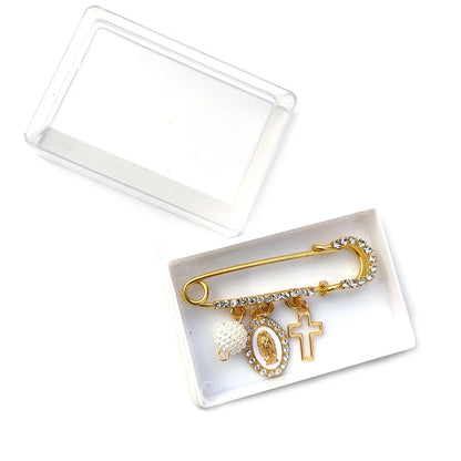 Spilla religiosa Vergine Maria con croce e perla (Placcata in oro 18k)