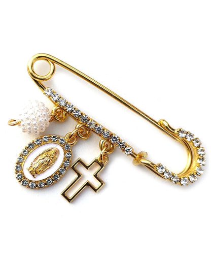 Spilla religiosa Vergine Maria con croce e perla (Placcata in oro 18k)