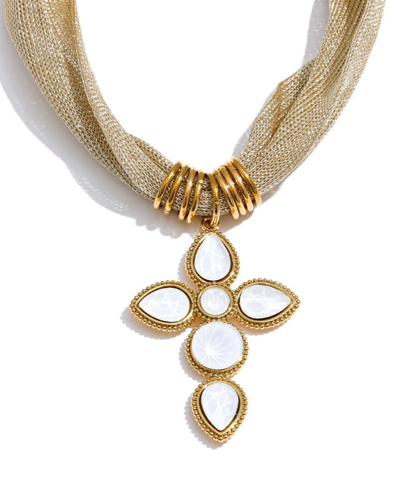 Collana Stile Sciarpa Dorata con Croce di Pietre (Placcata in Oro)