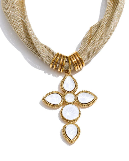 Collana Stile Sciarpa Dorata con Croce di Pietre (Placcata in Oro)