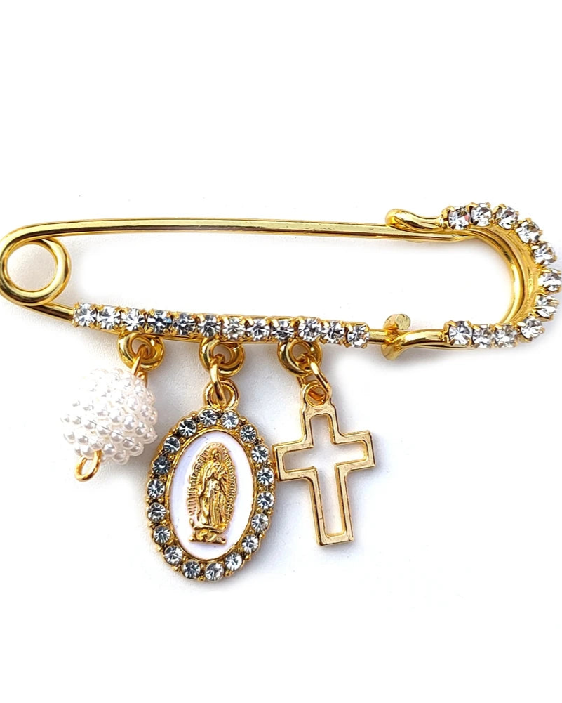 Spilla religiosa Vergine Maria con croce e perla (Placcata in oro 18k)