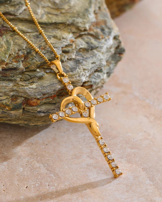Collana Fede con Croce e Cuore Borchiato (placcata oro 18K)
