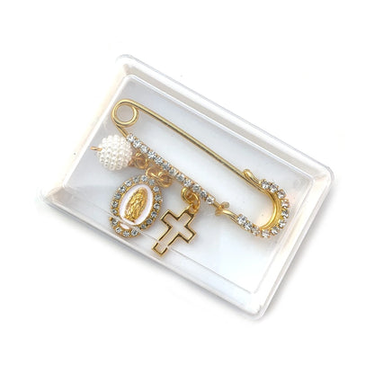 Spilla religiosa Vergine Maria con croce e perla (Placcata in oro 18k)