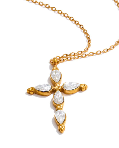 Collana Croce Classica con Cristalli a Goccia (Placcata in Oro 18K)