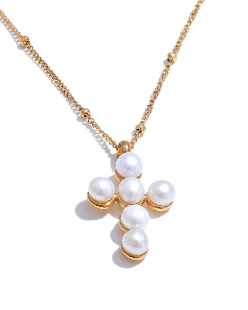 Collana con Croce di Perle (Placcata in Oro)
