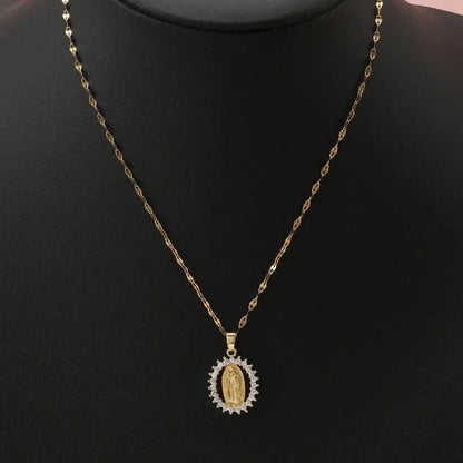Collana con medaglia della Vergine Maria con zirconi (placcata in oro 18 carati)