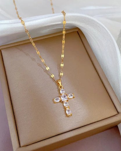 Collana Croce Catena a Luce Riflessa (Placcata in Oro)