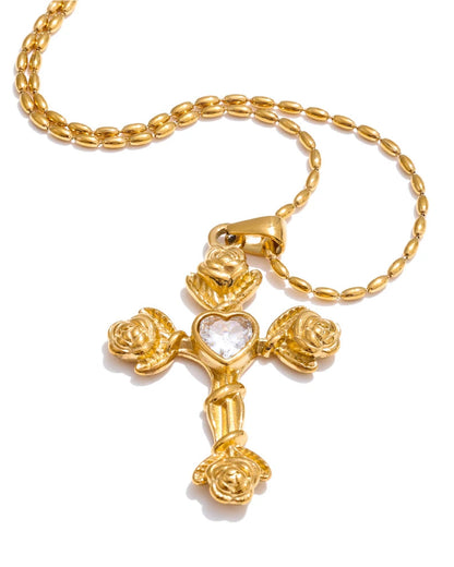 Collana con Croce Rose e Cuore (Placcata in Oro)