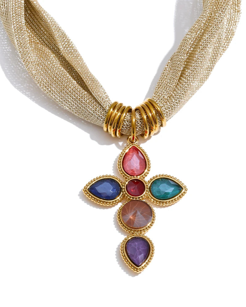 Collana Stile Sciarpa Dorata con Croce di Pietre (Placcata in Oro)