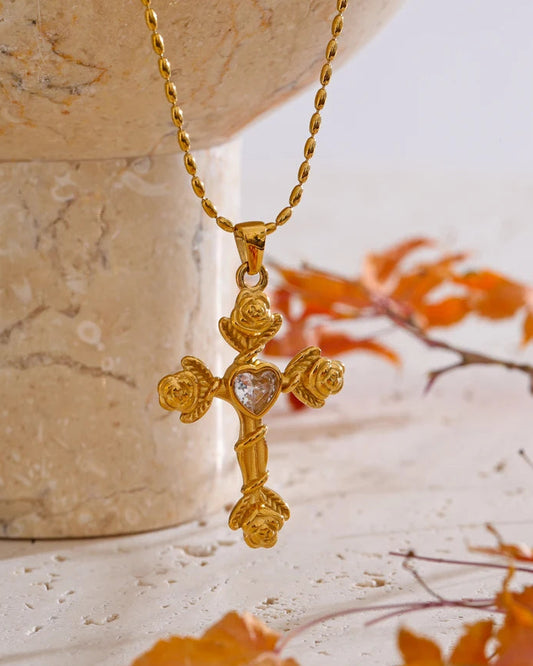 Collana con Croce Rose e Cuore (Placcata in Oro)