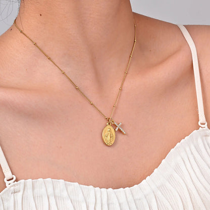 Collana con medaglia miracolosa e croce tempestata (placcata in oro 18 carati)