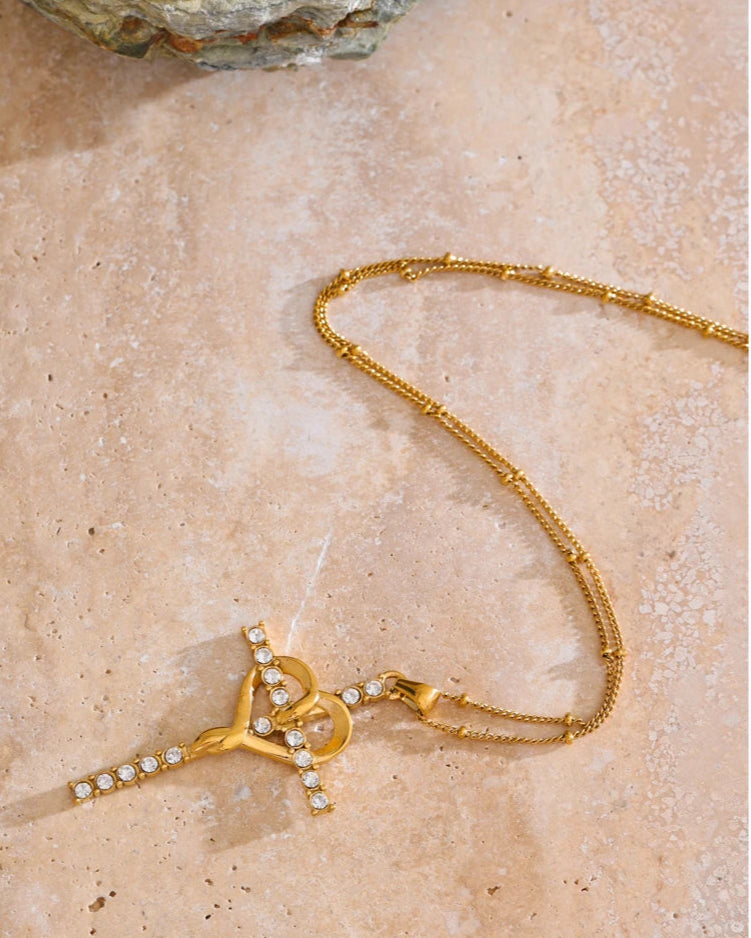 Collana Fede con Croce e Cuore Borchiato (placcata oro 18K)