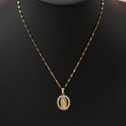Collana con medaglia della Vergine Maria con zirconi (placcata in oro 18 carati)