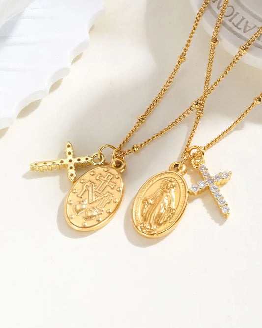 Collana con medaglia miracolosa e croce tempestata (placcata in oro 18 carati)