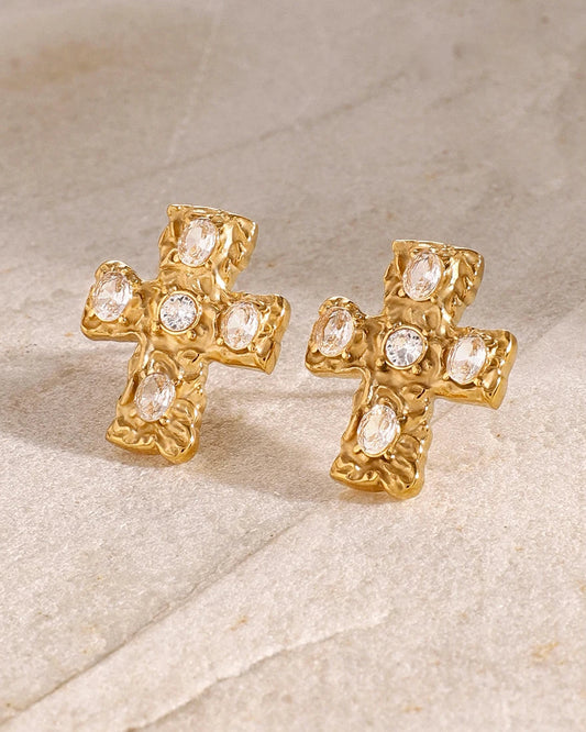 Orecchino Croce con Finitura Rustica (Placcato in Oro)